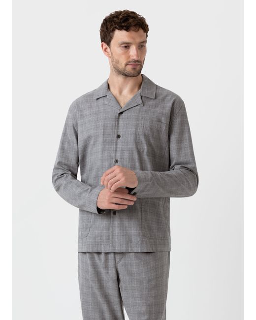 Sunspel Cotton Flannel Pyjama Shirt in Mid Grey Check