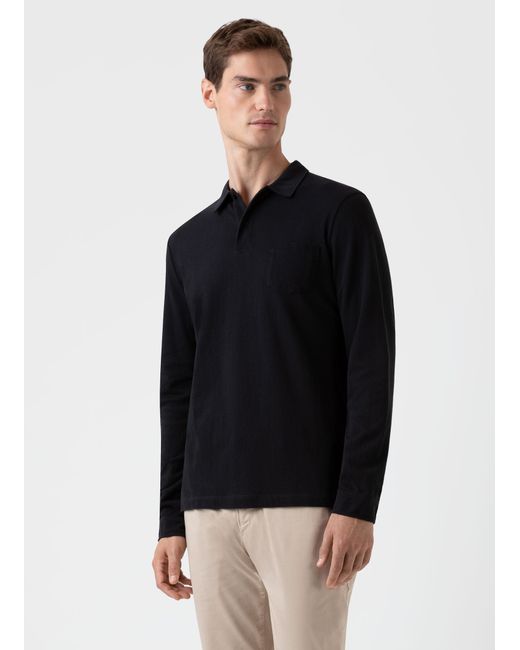 Sunspel Cotton Riviera Long Sleeve Polo Shirt in