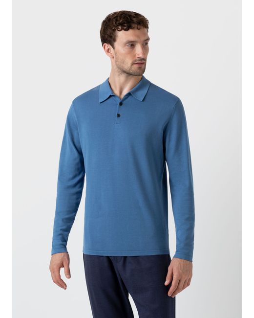 Sunspel Sea Island Cotton Long Sleeve Polo Shirt in Bluestone