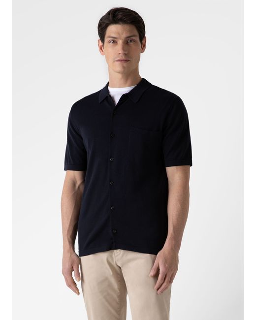 Sunspel Sea Island Cotton Knit Shirt Light Navy