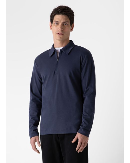 Sunspel Half Zip Heavyweight Polo Shirt Navy