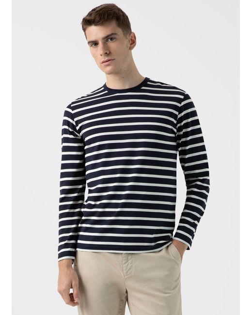 Sunspel Long Sleeve Classic T-shirt Navy/Ecru Breton Stripe