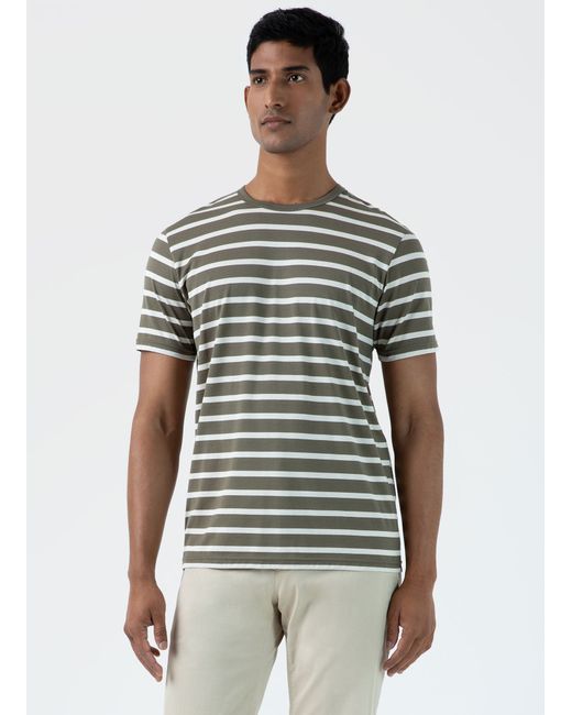 Sunspel Classic T-shirt Khaki/Ecru Breton Stripe