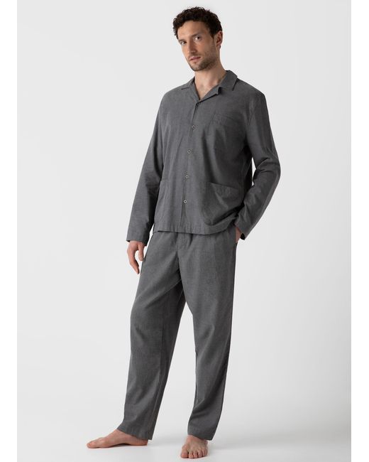 Sunspel Cotton Flannel Pyjama Set Mid Grey Melange