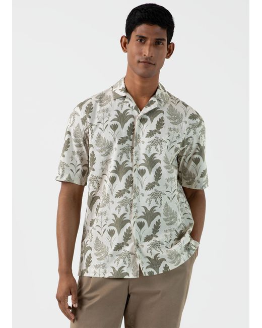 Sunspel Leaf Print Camp Collar Shirt Ecru
