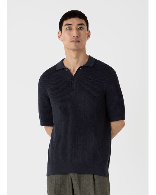 Sunspel Textured Knit Polo Shirt Navy