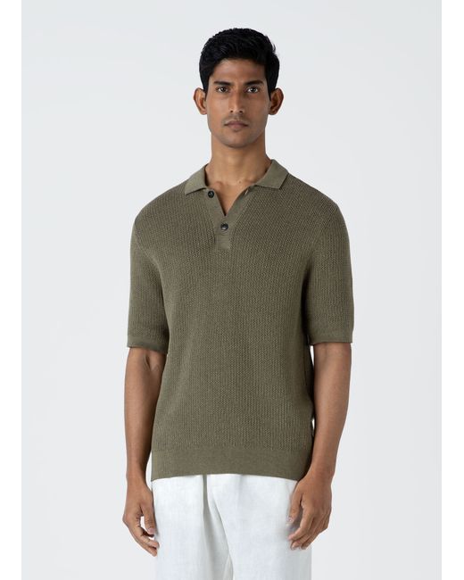 Sunspel Textured Knit Polo Shirt Khaki