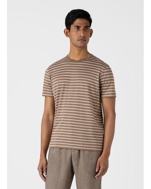 Sunspel Classic T-shirt Dark Sand/Ecru Tramline Stripe