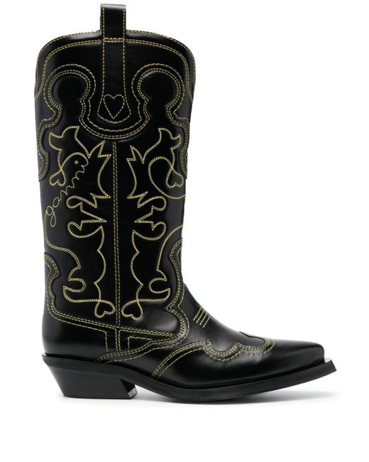 Ganni Embroidered Leather Western Boots