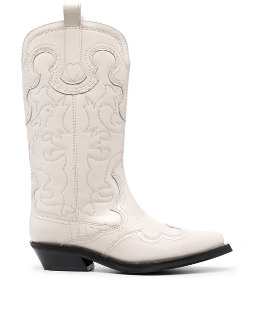 Ganni Embroidered Leather Western Boots