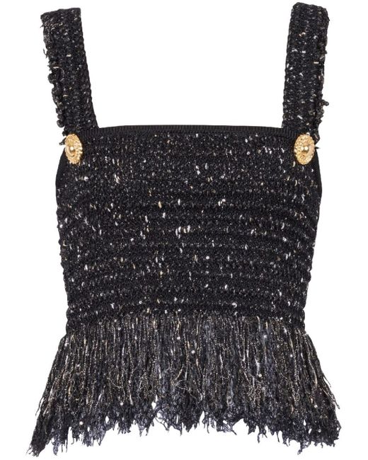 Balmain Buttoned Fringed Tweed Cropped Top