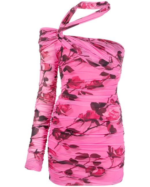 Blumarine Rose Print One-shoulder Mini Dress