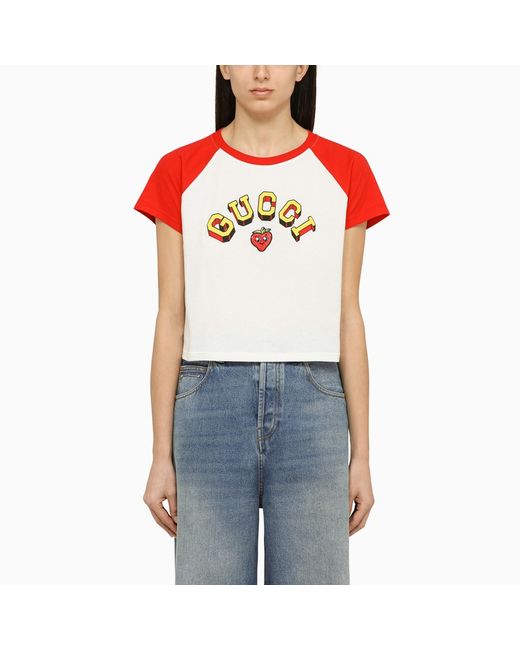 Gucci White/red crew-neck T-shirt with logo