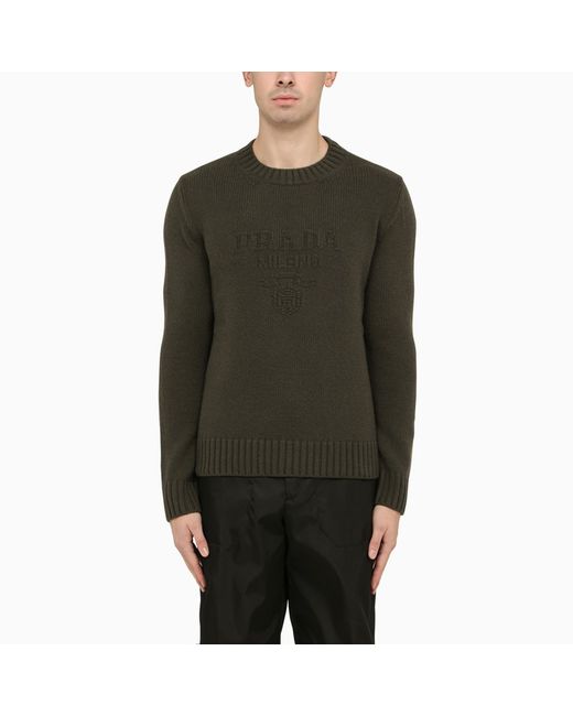 Prada Loden-coloured cashmere crew-neck sweater with logo