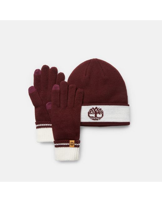 Timberland Hat Gloves Set With Tipping For Burgundy