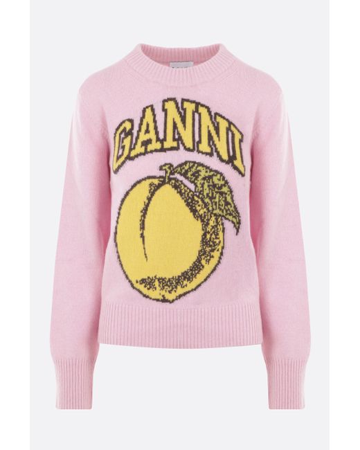 Ganni Peach logo intarsia recycled wool blend pullover