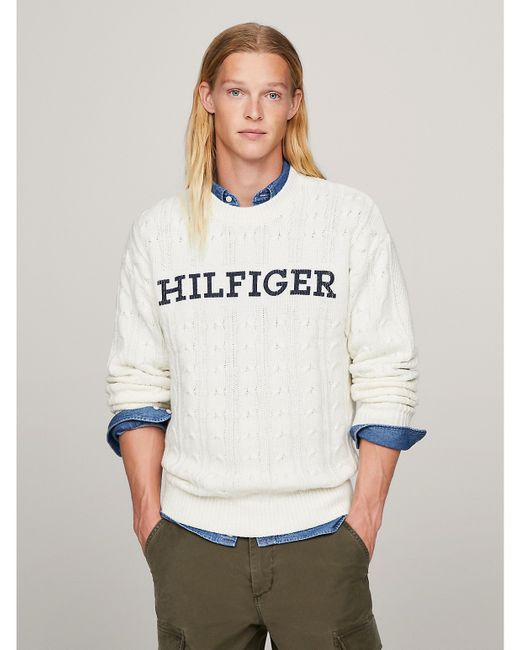 Tommy Hilfiger Monotype Logo Cable Knit Sweater White