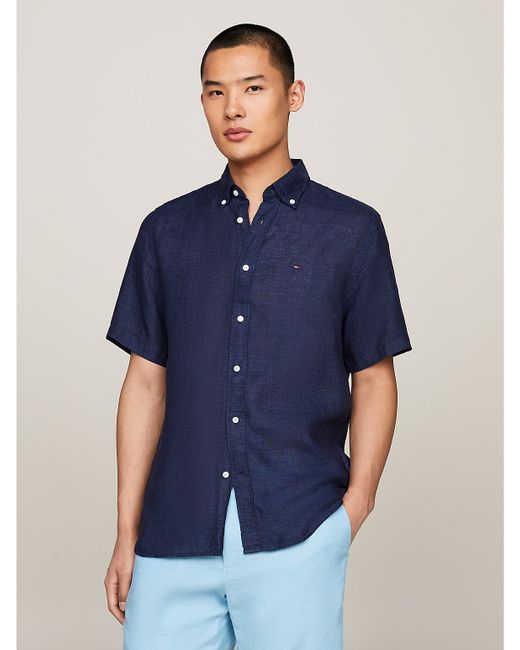 Tommy Hilfiger Regular Fit Linen Short-Sleeve Shirt Blue