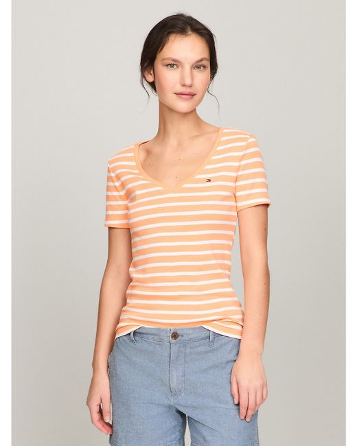 Tommy Hilfiger Slim Fit Favorite Stripe V-Neck T-Shirt Orange