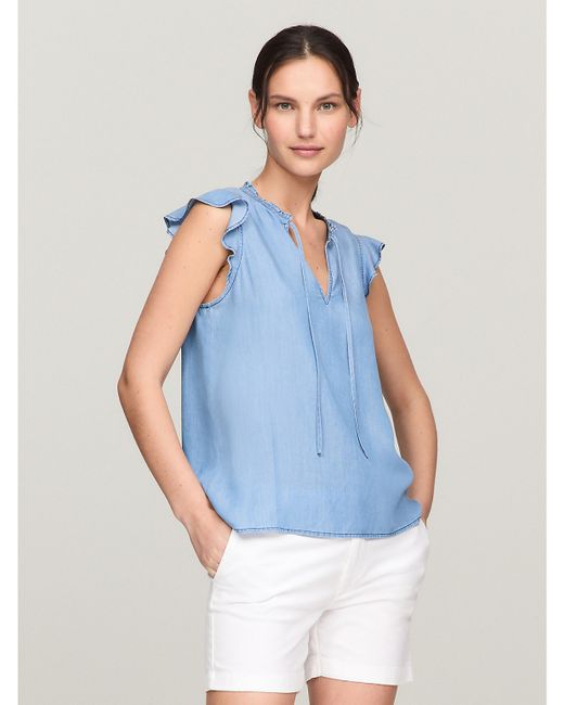 Tommy Hilfiger Chambray Flutter-Sleeve Ruffle Top