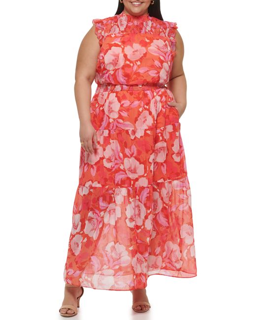 Vince Camuto Floral Print Smocked Maxi Dress Plus