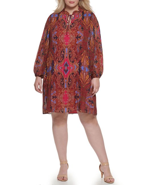 Vince Camuto Floral And Paisley Print Pleated Chiffon Dress Plus