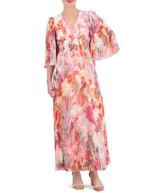 Vince Camuto Print Pleated Bell Sleeve Maxi Dress