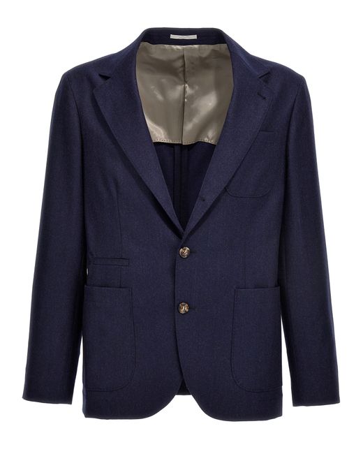 Brunello Cucinelli -Flannel Single Breast Blazer Jacket Giacche Blu-