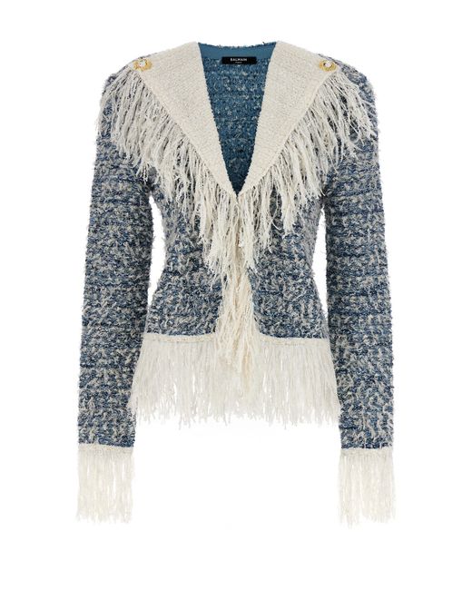 Balmain -Fringed Tweed Jacket Blazer And Suits Celeste-