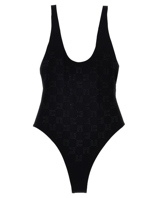 Elisabetta Franchi -Rhinestone Logo One-Piece Swimsuit Beachwear Nero-