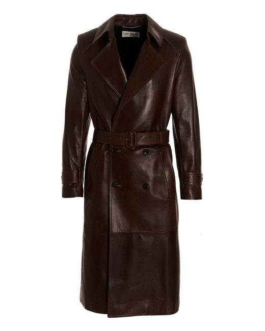 Saint Laurent -Double-Breasted Leather Trench Coat E Impermeabili Marrone-