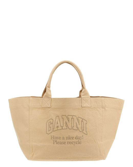 Ganni -Oversized Shopping Bag With Logo Embroidery Tote