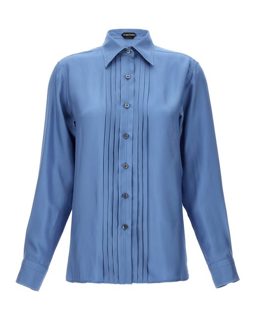 Tom Ford -Pleated Plastron Shirt Camicie Celeste-