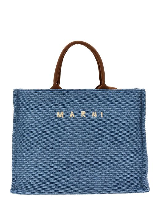 Marni -Large Shopping Bag With Logo Embroidery Tote Celeste-