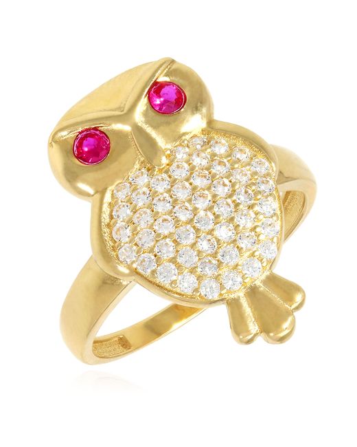 WJD Exclusives 14K Yellow Gold Simulated Diamond Pave Ruby Eyes Owl Ring 8.5