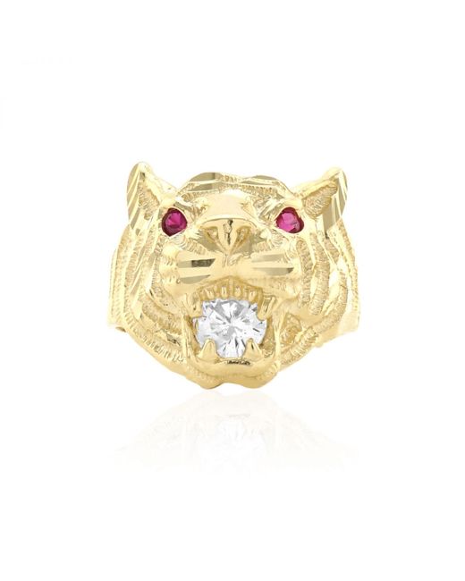 WJD Exclusives 10k Yellow Gold Simulated Ruby Diamond Tiger Head Signet Ring 9.25