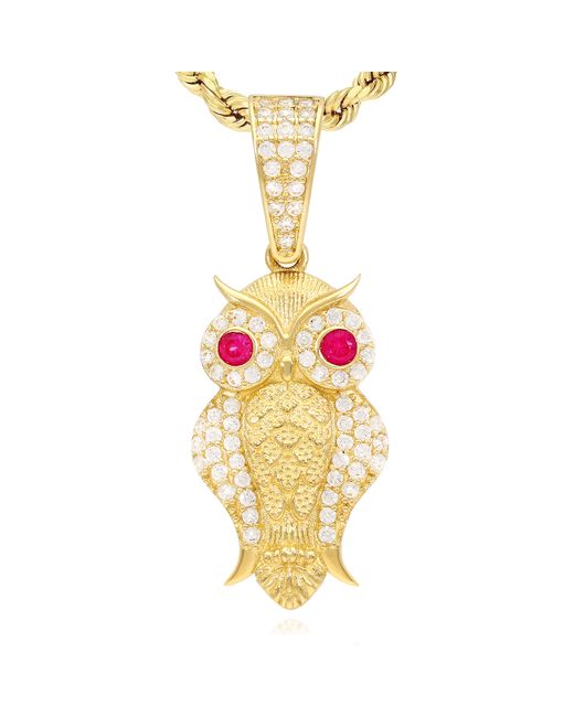 WJD Exclusives 14K Yellow Gold Simulated Diamond Ruby Eyes Owl Pendant 1.4