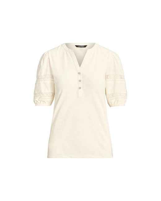 Lauren Ralph Lauren Lace-trim Jersey Puff-sleeve Henley Tee T-shirt Cream Cotton